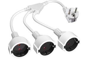 PABANCE Cavo di prolunga con 3 prese Schuko, adattatore di presa 3 in 1 con cavo flessibile, doppia estensione, 16A/250V, presa tedesca di conversione, da 1 a 3 prese Schuko per cucina, casa (bianco)…