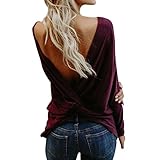 ❤1PC Bluse Kolylong® Sweatshirt Damen Frauen Elegante Rundhals Langarm Bluse Vintage Rückenfrei Pullover Casual Langarmshirts T-Shirt Hemd Tops Oberteile (Rot, S)