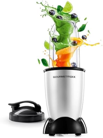 GOURMETmaxx Mr. Magic Mixer, 4 pezzi, Powerbase da 400 W, lama a croce, tazza da 500 ml, coperchio per smoothie e frullatore, per frullati, salse, facile da pulire, colore: argento/nero
