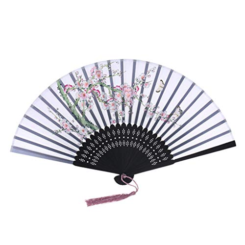 Preisvergleich Produktbild REALIKE Damen Handfächer Chinesischer Blumen Stoff Fächer Bambusgriff Wandfächer Hochzeit Party Tanzen Fasching Weiß Blüten Dekoration Geschenk Tanzabend Kostüm Maske Karnevals