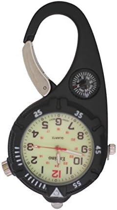 Mini Clip Watch โ Compact Analog Display Carabiner Watch with Compass & Ultra Bright LED Microlight Green Luminous Face Doctors Nurses Paramedics Chefs (Black)