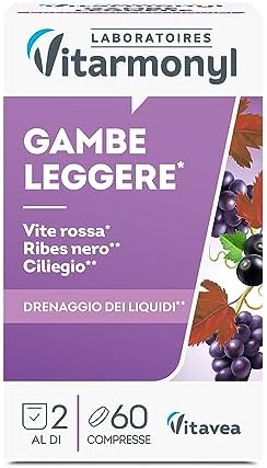 Vitarmonyl Gambe Leggere - Drenante con Vite Rossa, Ribes Nero, Ciliegio - Microcircolo e Drenaggio dei Liquidi - Integratore Gambe Pesanti - 60 compresse - 1 Mese