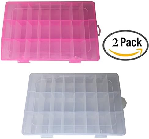 StaiBC Adjustable Plastic Storage Box 24 Compartments Organiser Jewelry Earring Tool Containers (2 Packs, Transparent and Pink)