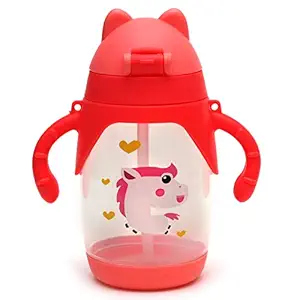 Koochie-Koo Plastic Cartoon Printed Twin Handle Sipper Bottle with Silicon Straw Anti Slip Drinking Sippy Cup for Baby Boy and Girl 300ml (Pink)