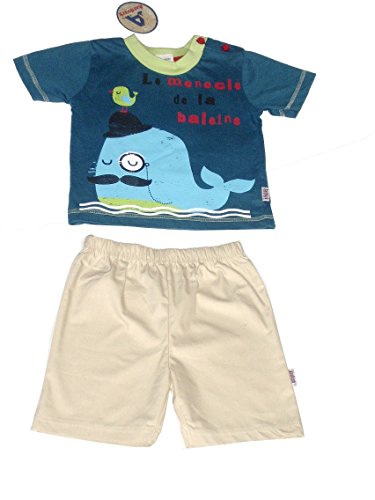 Boys Baby Toddler Big Whale Multi Print T-Shirt & Shorts Set 6 to 23 Months (6-12 Months, Blue T-Shirt + Cream Shorts)