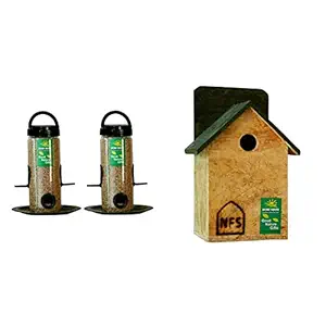 Nature Forever Bird Feeder, Transparent (2 Pieces) & House Shaped Sparrow and Tit Nest Box, Brown