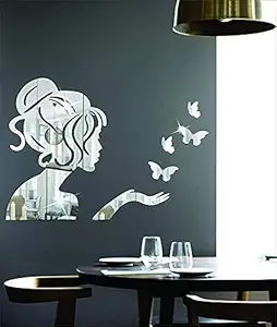 Atulya Arts Angel and Butterfly Mirror Wall Stickers Silver 3D Decorative Acrylic Sticker for Bedroom Living Room Home Decor and Office -(Silver)