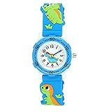 Jian Ya Na Mädchen Reizende Karikatur-Kind-Uhr, Silikonband Digital-Runde Quarz-Armbanduhr für Mädchen Jungen Kinder Blau (3D Dinosaurier