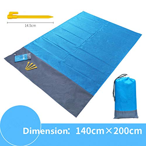 HJ Alfombra De Playa, Manta de Picnic Impermeable Anti-Arena, Plegable Compacto con 4 Estaca Fijo para la Playa, Picnic, Parque, Camping Al Aire Libre(Azul; 200 x 140CM)