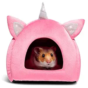 Hollypet Warm Small Pet Animals Bed Dutch Pig Hamster Cotton Nest Hedgehog Rat Chinchilla Guinea Habitat Mini House, Pink Unicorn