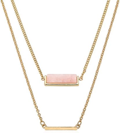 Women Rose Quartz Natural Stone Gold Tone Bar Multi Strand Chain Handmade Gemstone Layered Necklace