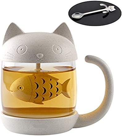 Cute Cat Tea Cup with Fish Filter Cute Cat Glass Cup with Stainless Steel Coffee Spoon Mini Cat