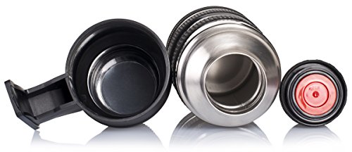 VENKON – Hochwertige Isolierflasche aus gebürstetem Edelstahl mit Druckknopfverschluß und abschraubbarem Trinkbecher im Kameraobjektiv / Foto Objektiv Design – Fassungsvermögen: 500ml, schwarz - 4