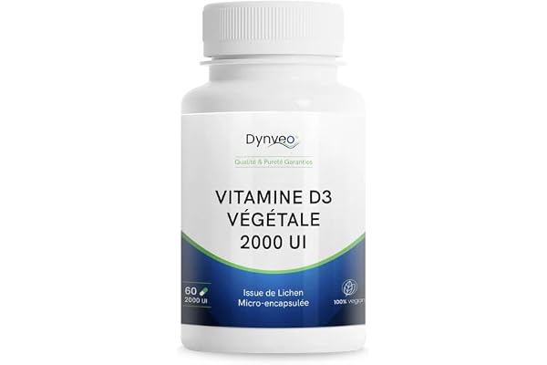 Vitamine D3 Végétale - Cholécalciférol - Fonctions Osseuse, Musculaire, Immunitaire - Source Naturelle - Forme active micro-encapsulée - Vegan & Sans Additifs - 60 Gélules - 2000 UI - Dynveo