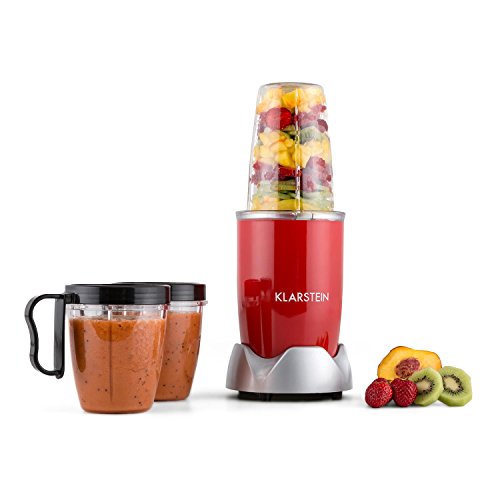 Klarstein • NutriRocket • Standmixer • Smoothie Maker • Minimixer • Küchenmixer • 700 Watt • bis zu 1 Liter Fassungsvermögen • drei Mixbecher • zwei Handgriffe • zwei Frischhaltedeckel • Edelstahlklingen • 1x Kreuzklinge • 1x Flachklinge • rot