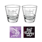 YaYa cafe Anniversary Gifts Engraved Hubby Wifey Couple Whiskey Glasses Set of 4 for Anniversary Husband Wife with Coasters - Conical 350 ml
