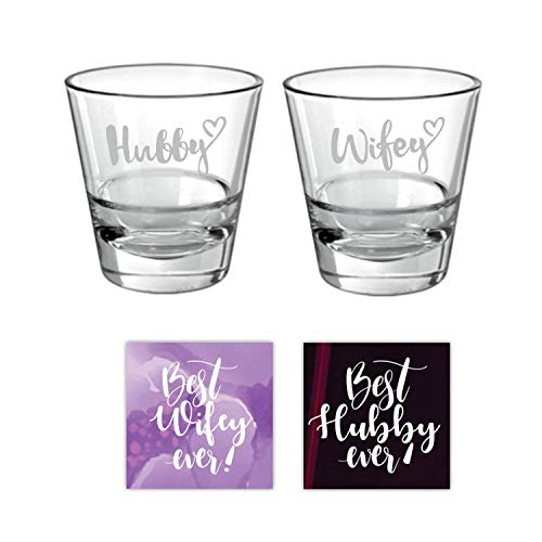 YaYa cafe Anniversary Gifts Engraved Hubby Wifey Couple Whiskey Glasses Set of 4 for Anniversary Husband Wife with Coasters - Conical 350 ml