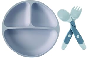 WJIAEER Babyteller aus Silikon, Kinderteller mit Löffel und Gabel, BPA-frei, mikrowellen- und spülmaschinengeeignet Saugnapf unten（A)