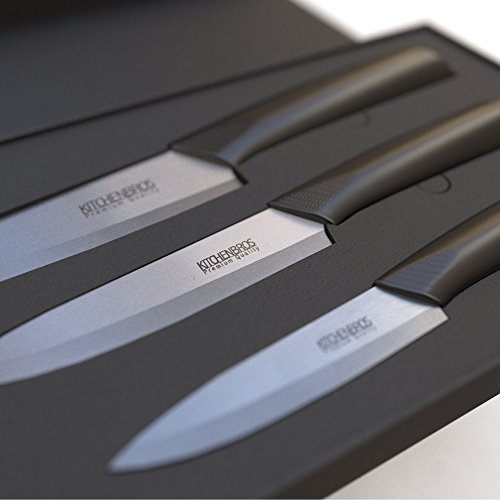 KITCHENBROS Edles Keramikmesser Küchenmesser Set – Messerset in edler Box inkl. Klingenschutz Schwarz(3-teilig) - 3