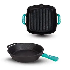 70'S KITCHEN Cast Iron Cookware Combo - Smoothy Skillet 10In & Grill Pan 10.8In with Sillicon Handle Cover Pre Seasoned, Black