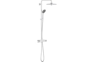 GROHE QuickFix Vitalio Joy 260, Sistema ducha termostática con bandeja, ducha mural 26 cm, teleducha 11 cm y 3 chorros, flexo 1.75 m, instalación con QuickSpanner incluída, cromo, 26403002