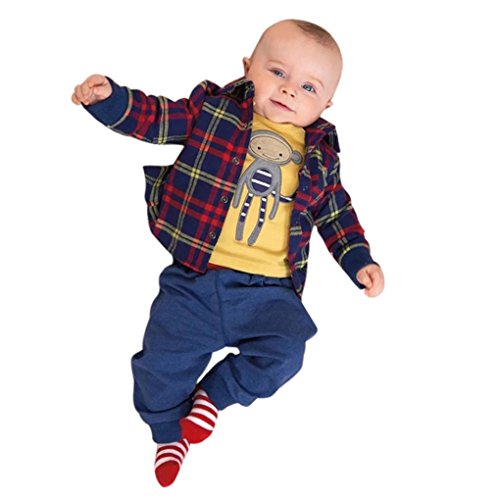 Koly® Newborn Baby Boys Clothing Sets Long-Sleeved Plaid Coat + Pants + Shirts Clothes Sets Suit