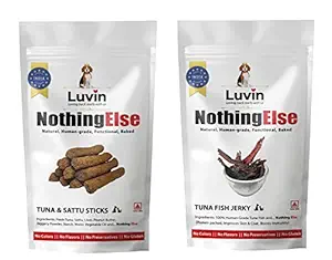 Luvin Nothing Else Human-Grade | Natural | Functional | Baked Treats for Dogs and Cats | Tuna and Sattu Sticks 150g and Tuna Fish Jerky - 70g