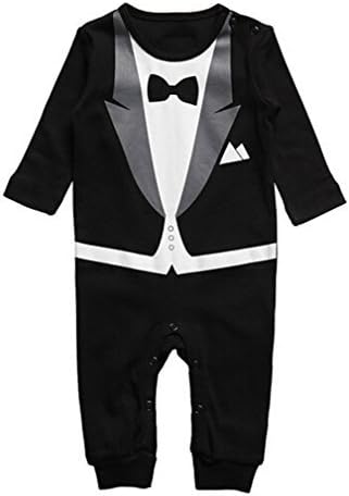 Flyyfree Baby Boy Clothing Small Suits Bow Tie Pattern Jumpsuits Coveralls Bodysuit All-in-ones Onesies Baby Romper (80, Black)