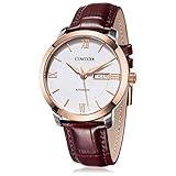 Comtex Herren Armbanduhr Automatik Uhr Weißes Zifferblatt Braun Leder