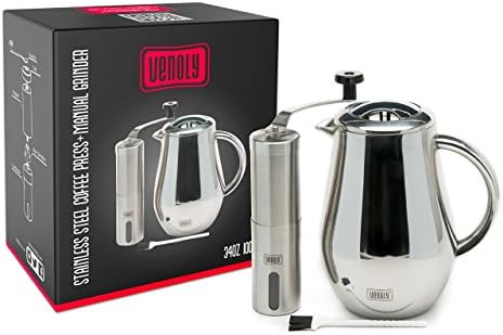 French Press Coffee Maker &amp; Burr Grinder Bundle, Stainless Steel Double Walled Brewer &amp; Manual Conical Grinder - 8 Cups - by Venoly