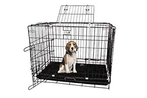 SI Pet Mart Dog Cage Double Door Heavy Duty Folding Metal for Small Dogs and Puppies 24 Inch ( Silver Black)