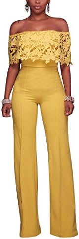 Miugee Women Elegant Off Shoulder Wide Leg Long Jumpsuits for Going Out Yellow Small