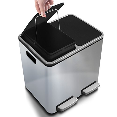 Abfalleimer Felix | Edelstahl Mülleimer mit Pedal | 2 fach Mülltrennsystem für Küche und Büro | 30 oder 60 Liter | Trend Farben zur Auswahl (60 L – Silber) - 2