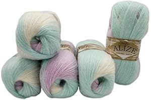 ILKADIM EXPORT 5 ovillos de 100 g de lana para tejer Angora Gold multicolor con degradado, 500 gramos de hilo para tejer con 20% de lana (rosa, menta, blanco 6620)