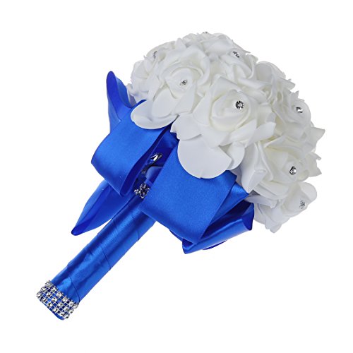 TOOGOO(R)Schoene Hochzeits-Blumenstrauss Blumenhochzeitsstrauss kuenstliche Blume Rose weisser Brautstraeusse mit blauer Band - 2