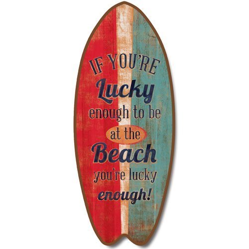 Highland Graphics Lucky Enough to Be At Beach 18 Inch Wood Surfboard Shaped Sign Plaque Wall Decor