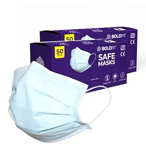 Boldfit 3 Layer Surgical Face Mask with Nose Pin - Disposable Surgical Mask 50 Pieces - Breathable, Effective Filtration, Soft on Skin, Bulk Pack 3-Ply Masks Facial Cover with Elastic Earloops - Pack of 100, Blue, (3PlyMask100)