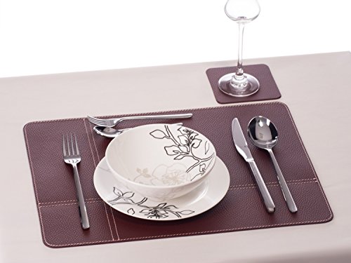 Platzsets und Untersetzer aus recyceltem Leder Tisch-Sets, 2 Stück (weiß, braun, orange, rot, burgund) Tischsets, Tisch-Matten, Tischsets 40 x 30 cm und Untersetzer 10 x 10 cm, Burgunderrot, - 2