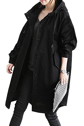 Sevozimda La Mujer Casual con Capucha Drawstring Botón BF Estilo Gabardina Outwear Black One Size