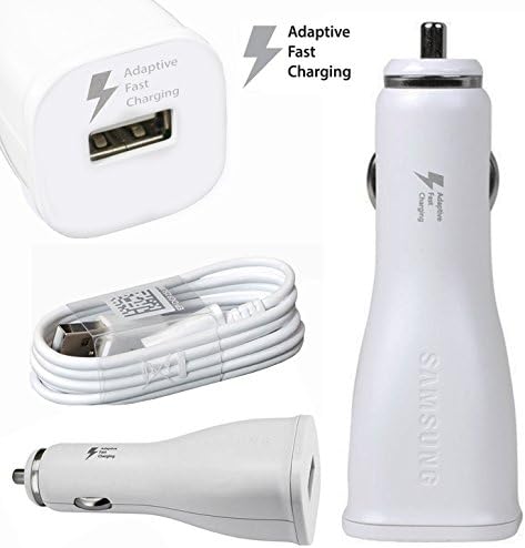 White Genuine Samsung Adaptive Fast In Car Charger Adapter For Samsung Galaxy S6 / S6 Edge / Galaxy Note 4 / Galaxy Note 5 With USB Data Cable (No Retail Packaging - Bulk Packaged)