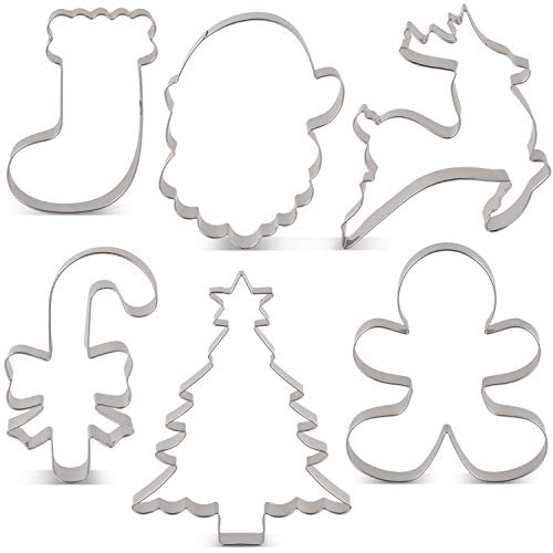 KENIAO Formine Biscotti Natale Inverno - 6 Pezzi - Albero di Natale, Omino di Panpepato, Bastoncino Zucchero, Renna, Volto di Babbo Natale e Calza Stampi Biscotti - Acciaio Inossidabile
