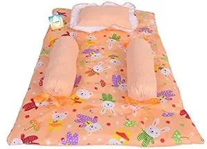 Bantoo New Born Baby Bedding Gaddi Set with Neck Pillow & Side Bolster Cotton Printed Sleeping Mattresses Set for Baby Boys & Baby Girls (0 to 6 Months, Orange)
