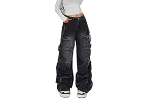 Lafaguw Pantalon cargo pour femme - Taille basse - Baggy - Poche - Jambe large - Décontracté - Tendance - Streetwear Grunge Emo
