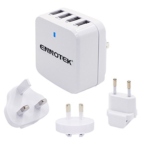 Ennotek Cargador de pared universal de 4 puertos USB 34W para teléfonos móviles y tabletas con enchufes intercambiables UK / US / EU y australianos - Blanco