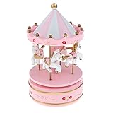 Holz Merry-go-round Karussell Aufzuwickeln Spieluhr Kinder Geschenk-pink - 3