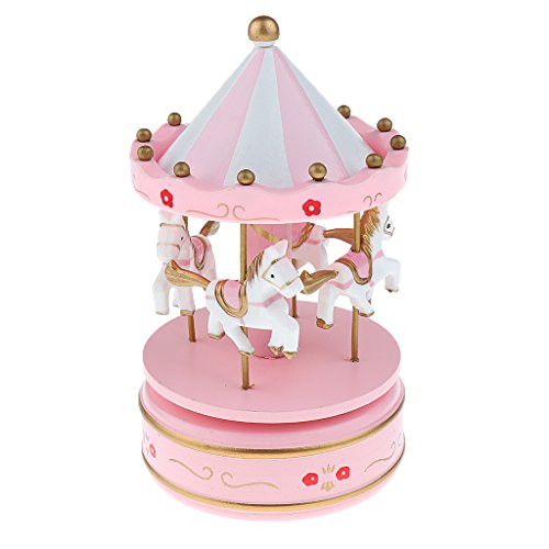 Holz Merry-go-round Karussell Aufzuwickeln Spieluhr Kinder Geschenk-pink - 3