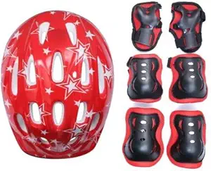 Hipkoo Sports 4 in 1 Kids/Youth Knee Pad, Elbow Guard, Wrist Guards and Helmet Protective Gear Set for Roller Skates, Cycling, Biking, Inline Skating and Scooter Riding Sports (Red, Large, Set of 4)