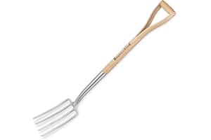 Berry&Bird Fourche de jardin 104 cm en acier inoxydable avec poignée en D, 4 dents, longue poignée en bois de frêne, pour creuser, planter, cultiver et aérer
