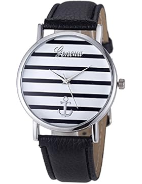 Malloom® Mode Frauen Gestreiftes Anker Analoge Leder Quarz Armbanduhr Silber + Schwarz