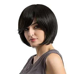 Evalue 12 Inch Fashion Women Short Real Human Hair Wig with Bang Natural Straight Bob for Daily Party Cosplay Black